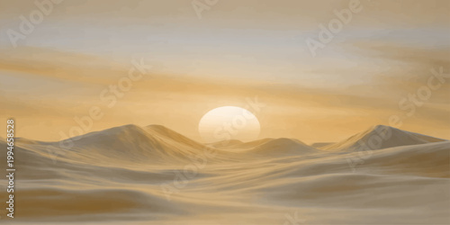 A warm glow illuminates the landscape as the morning sun paints the desert and mountain horizon with orange and red light across a cloudy summer sky