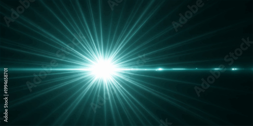 Bright blue light burst with glowing sun rays and energy flares creates an abstract space explosion design featuring a shining star beam pattern in a dark sky illustration