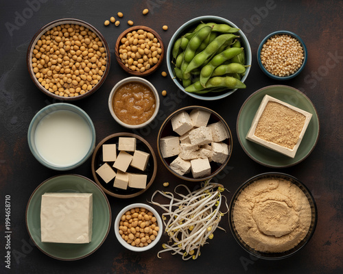 Assortment of soy products and ingredients on dark background