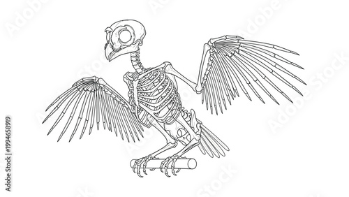 An illustration of a bird skeleton with spread wings on a wooden pole.