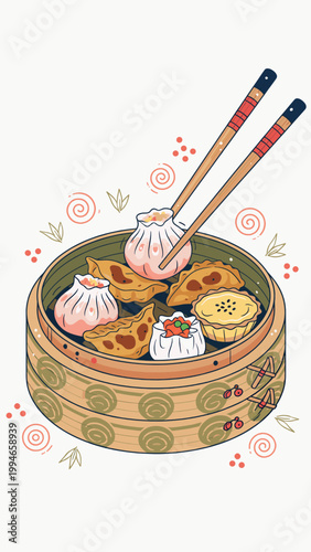 Dive into the delicious world of dim sum with this vibrant bamboo steamer, showcasing an array of delightful dumplings!