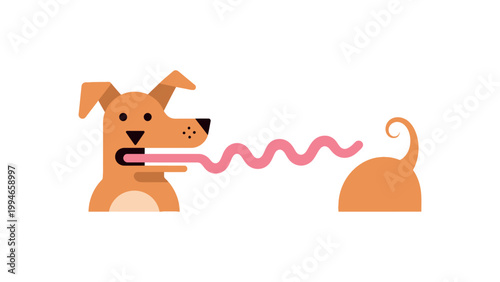 A dog playfully chews on a pink toy connected to another toy's tail.