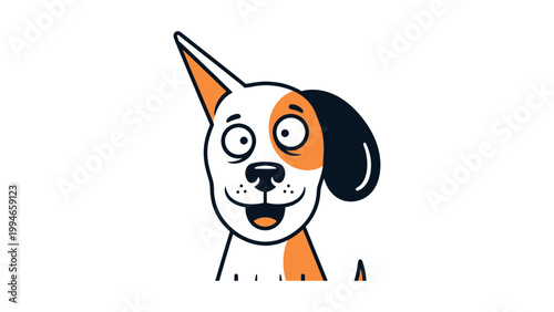 A cartoon dog with a happy face peeks from behind a surface with excitement.