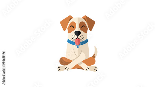 A cartoon dog sits cross-legged with a blue collar on.