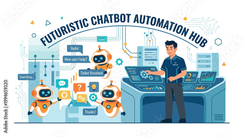 A man operates a futuristic chatbot automation hub with robots