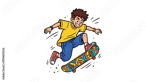 A young boy performs a skateboard trick with a vibrant board.