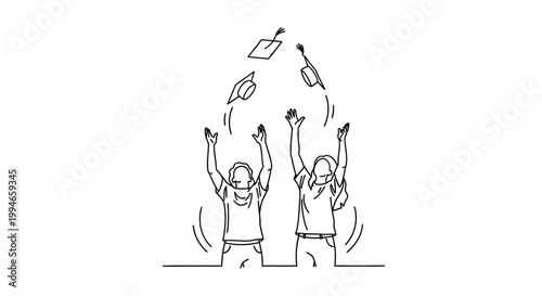 Two joyful people throwing graduation caps in celebration of success.