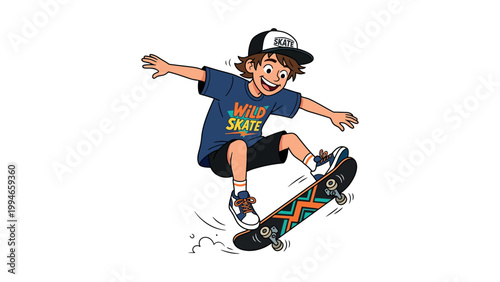 A boy performs a skateboarding trick on a colorful skateboard outdoors.