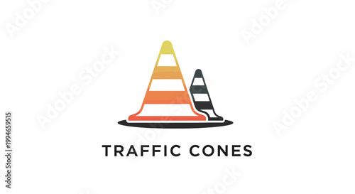 Two Orange and White Traffic Cones on Black Surface.