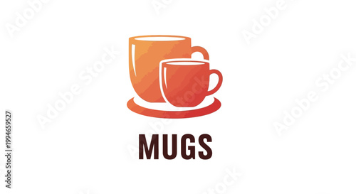 Two Orange Coffee Mugs on a Red Saucer, Simple Design.