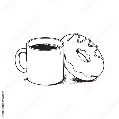 Hand drawn sketch of a coffee cup and glazed donut black and white line art illustration
