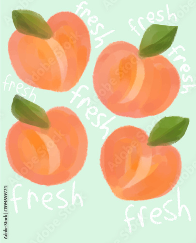 Four peaches hand drawn pastel crayon art