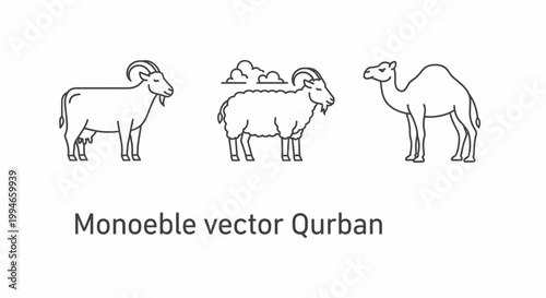 Qurban Sacrifice Animals: Goat, Sheep, Camel Vector Icons | Eid al-Adha Islamic Holiday