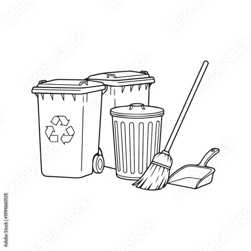 Outline drawing of trash cans, recycling bin, broom, and dustpan black and white illustration

