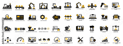 Black and yellow industrial production icon set with factory, automation and manufacturing process symbols, Concept of production systems, engineering and industrial workflow