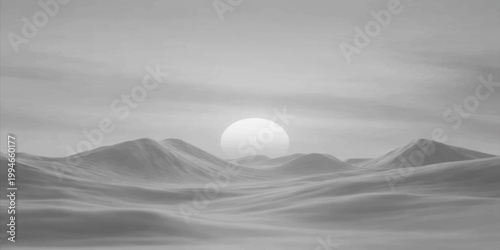 A serene morning mountain landscape where sun and orange light break through the clouds and fog over a distant sea horizon at dawn