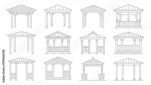 A collection of linear gazebo designs are displayed showcasing various architectural styles and structural elements in a minimalist style high quality professional detailed modern elegant stylish
