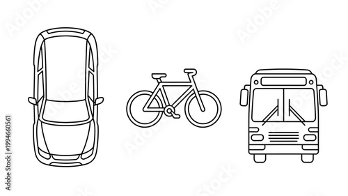 A minimalistic black and white illustration depicts a top down view of a car bicycle and bus arranged side by side high quality professional detailed modern