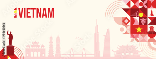 Fotografía Modern geometric vector banner featuring Vietnam cultural elements landmarks and