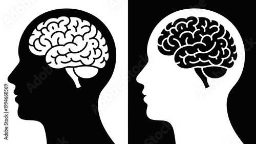 A striking visual depicts two human head silhouettes each containing a detailed brain illustration in contrasting colors high quality professional modern elegant stylish clean crisp vibrant