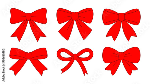 A collection of six vibrant red gift bows are displayed against a clean white background showcasing varied styles and shapes high quality professional detailed modern elegant