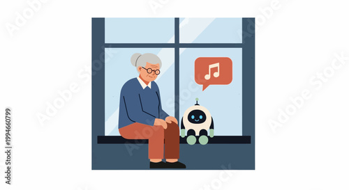 Elderly man and robot companion.
