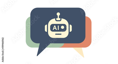 Robot head in speech bubble icon.