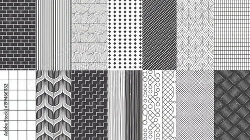 A grid of nine black and white patterned squares showcases a variety of textures including brickwork lines chevrons and woven designs high quality professional detailed modern