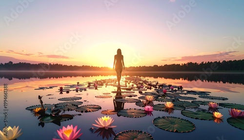 水面を歩くシルエットの足跡から美しい花が咲き誇る超現実的な風景