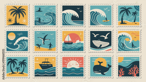 A collection of vintage style postage stamps depicting various ocean scenes including waves palm trees and marine life high quality professional detailed modern elegant stylish clean
