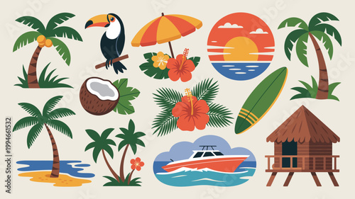 A vibrant colorful illustration depicts a tropical vacation scene with a toucan beach elements and lush vegetation high quality professional detailed modern elegant stylish clean crisp