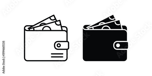 Two wallet with paper money, outline and solid black styles