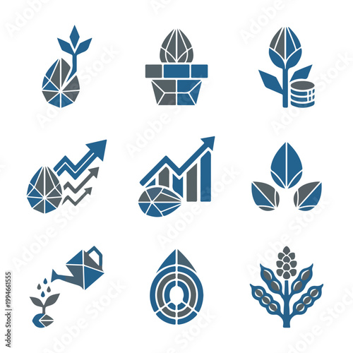Set of icons representing growth investment and agriculture.