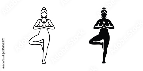 Two yoga tree pose outline and solid silhouette figures