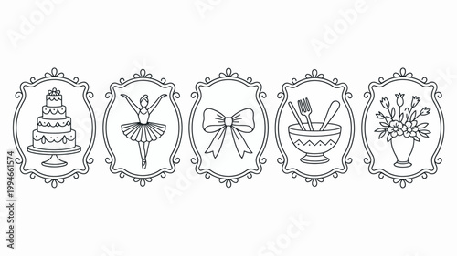 A row of five ornate frames displays different hand drawn illustrations including a cake ballerina bow dining utensils and flowers high quality professional detailed modern elegant