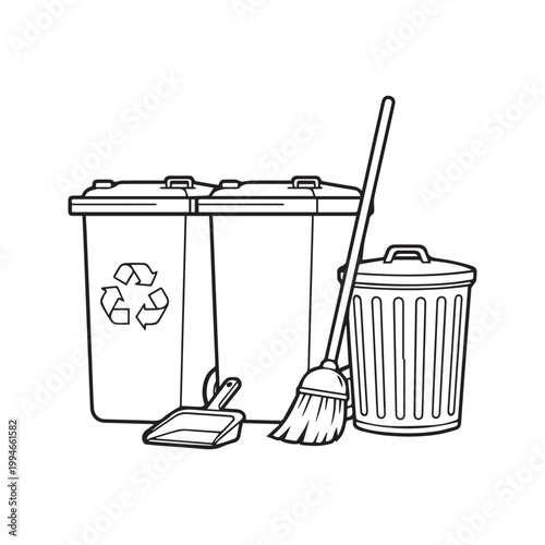 Outline drawing of trash cans, recycling bin, broom, and dustpan black and white illustration

