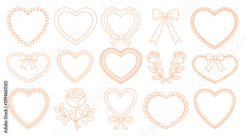 A collection of delicate hand drawn heart shapes and floral elements in a warm orange hue arranged on a clean white background high quality professional detailed
