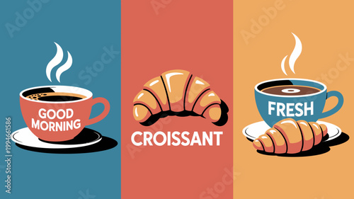 A vibrant composition showcases a steaming cup of coffee a golden croissant and another coffee cup ideal for a morning treat high quality professional detailed modern