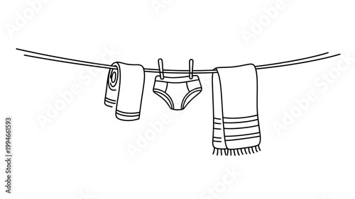 A simple line drawing depicts laundry hanging on a clothesline featuring a towel underwear and another towel all in black and white high quality professional detailed