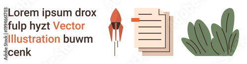 Entrepreneurship, documentation, productivity, creativity, nature, growth. Rocket, papers and leaves. Innovation and documentation concepts linked with growth and productivity