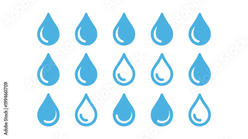 A collection of stylized blue water droplets are arranged in a grid pattern against a clean white background depicting rainfall high quality professional detailed modern elegant