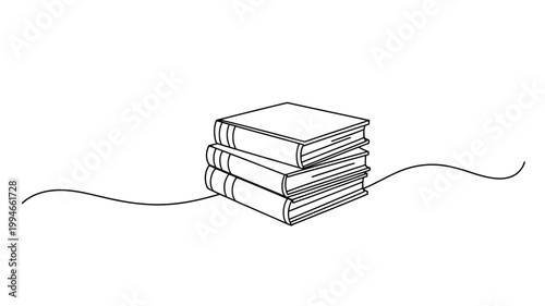 A minimalist line drawing depicts a stack of three closed books with a delicate curved line extending from the base high quality professional detailed modern elegant
