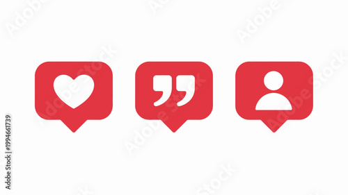 A set of three vibrant red social media icons representing a like comment and user profile displayed in a linear arrangement high quality professional detailed modern