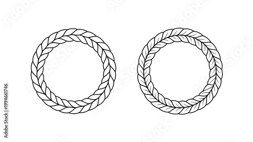 This image showcases two circular rope frames intricately woven with a textured braided pattern in a simple black and white style high quality professional detailed modern