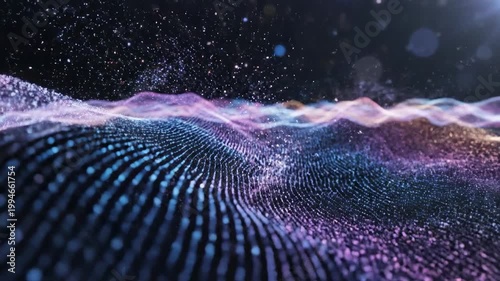 Abstract digital landscape of glowing particles and data waves representing future technology and network connectivity.