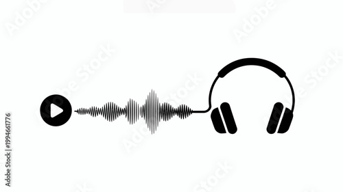 A minimalist illustration depicts a play button audio waveform and headphones connected in a flowing linear design against a white background high quality professional detailed modern