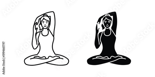 Woman in lotus pose stretching arms, outline and silhouette