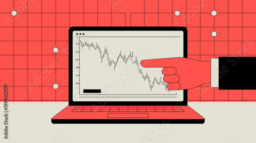 A red hand points to a declining graph displayed on a black laptop screen against a vibrant red grid background high quality professional detailed modern elegant