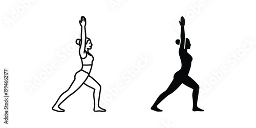 Woman in warrior one yoga pose, outline and solid black silhouette
