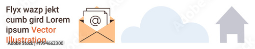 Email services, digital communication, cloud storage, home connectivity, online communication, data sharing. Envelope with email symbol, cloud and house icon. Email services and digital